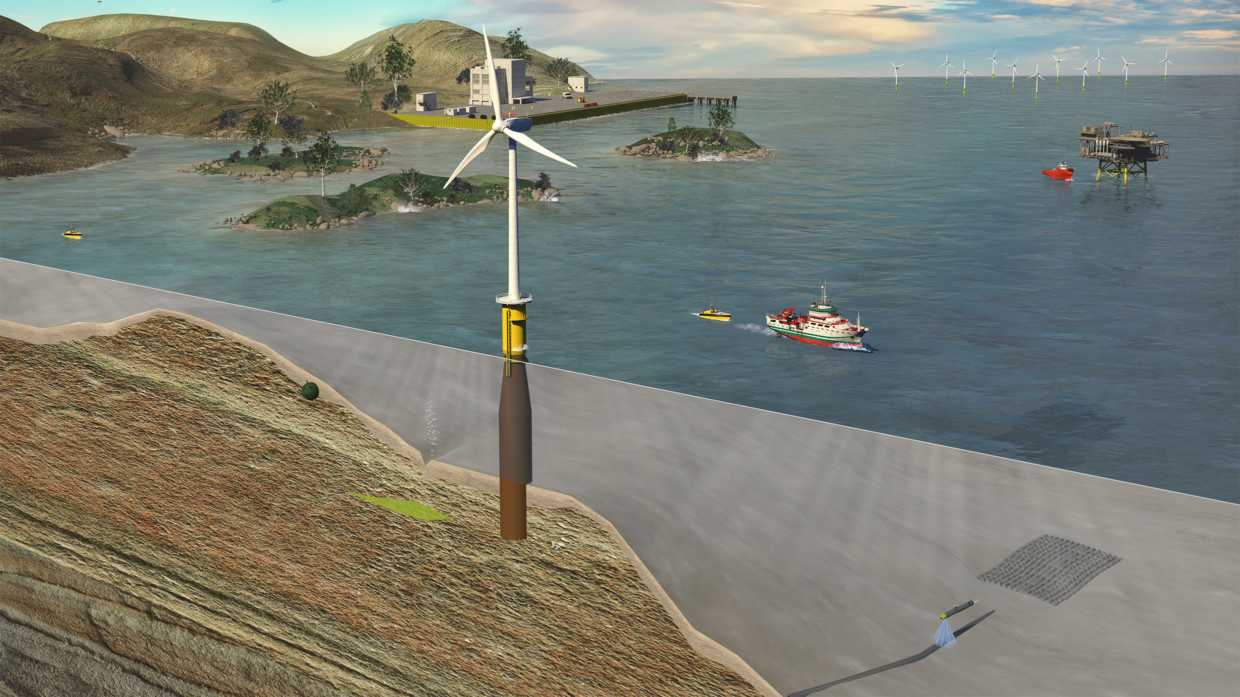 A render of a geophysical survey taking place subsea.