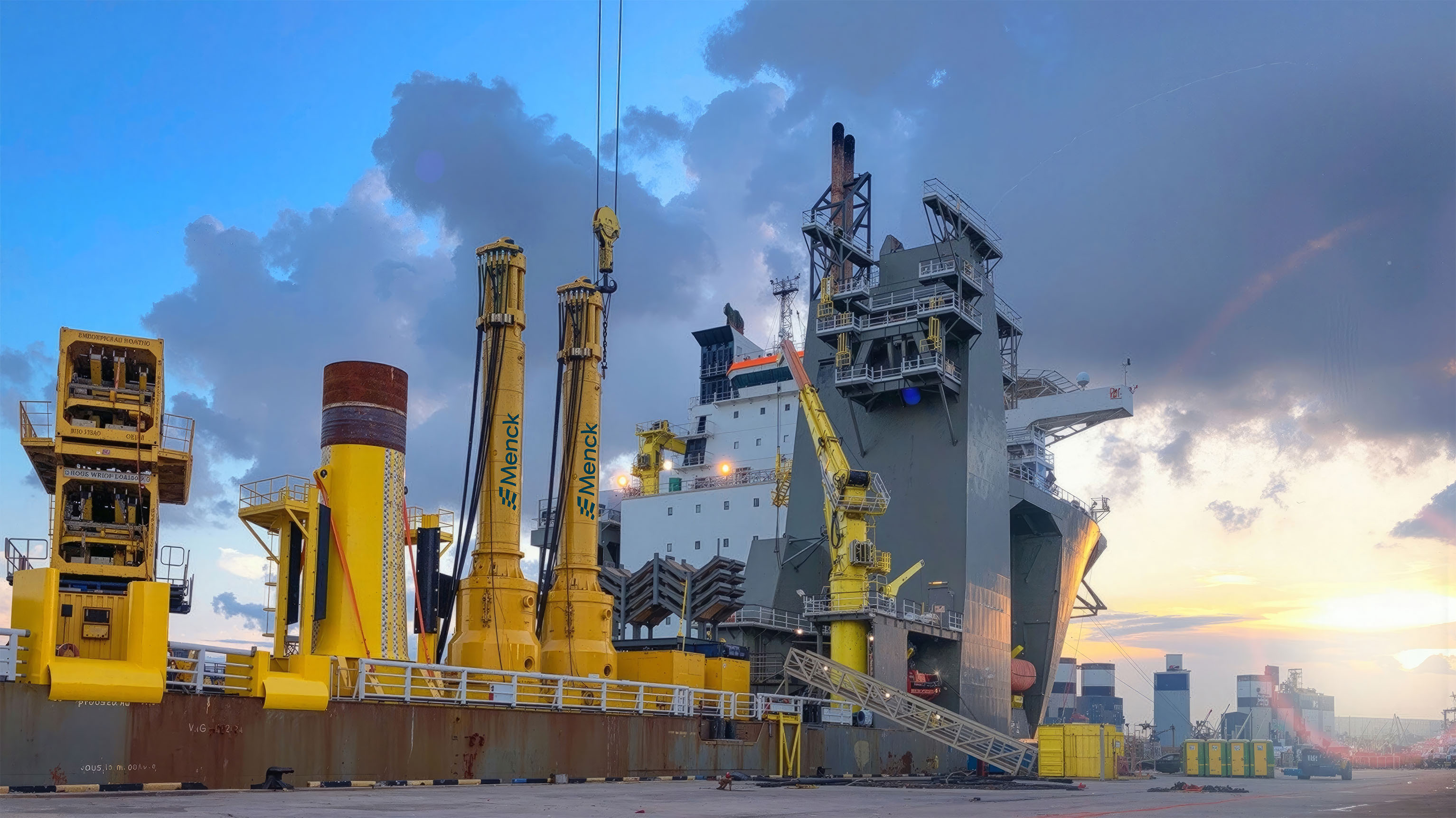 Menck hammers being loaded onto a vessel to be taken offshore.