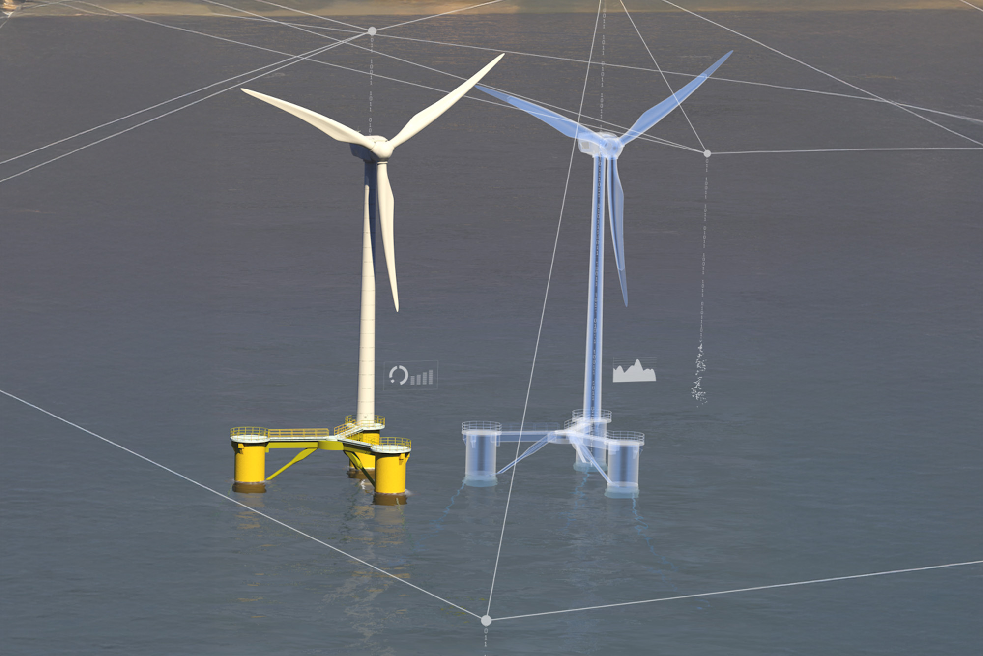 Rendering of a floating wind turbine and its digital twin as a ghosted image 
