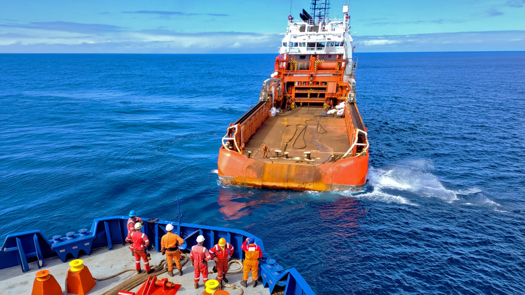 An Anchor Handling Vessel (AHV) is presetting a mooring system for a rig