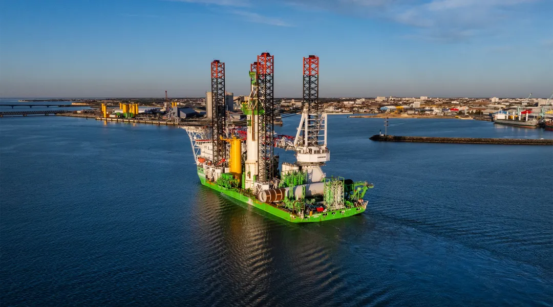 Aerial view of a grouting project taking place for DEME at Yeu-Noirmoutier Wind Farm