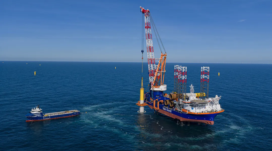 Menck MHU 3500S hydraulic hammer system being deployed at Hollandse Kust West VI in the Netherlands for Van Oord B.V