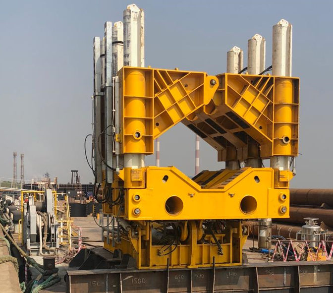 A pile upending system ready to be mobilised to an offshore energy project