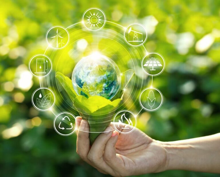 Hand holding light bulb against nature on green leaf with icons energy sources for renewable, sustainable development. Ecology concept. Elements of this image furnished by NASA.