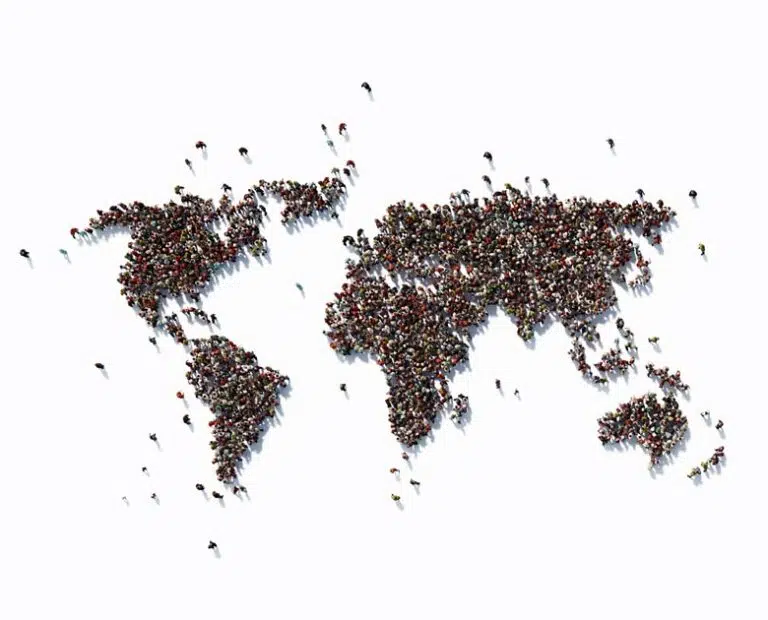 Human Crowd Forming A World Map: Population And Social Media Concept