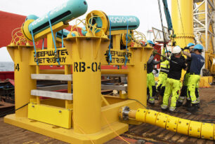 A high capacity impressed current anode seld about to be lowered to the sea floor