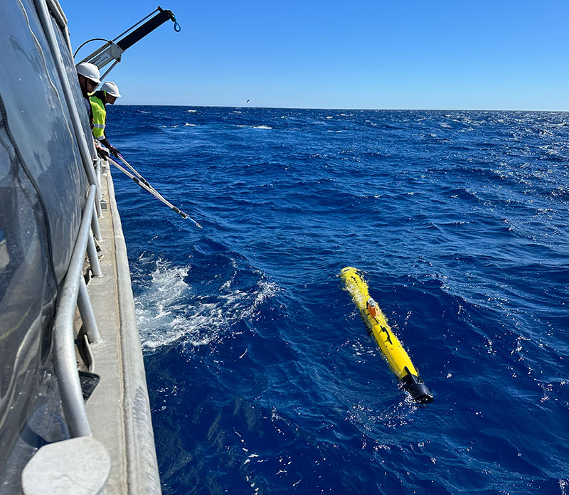 The AUV being deployed for a deepwater trial