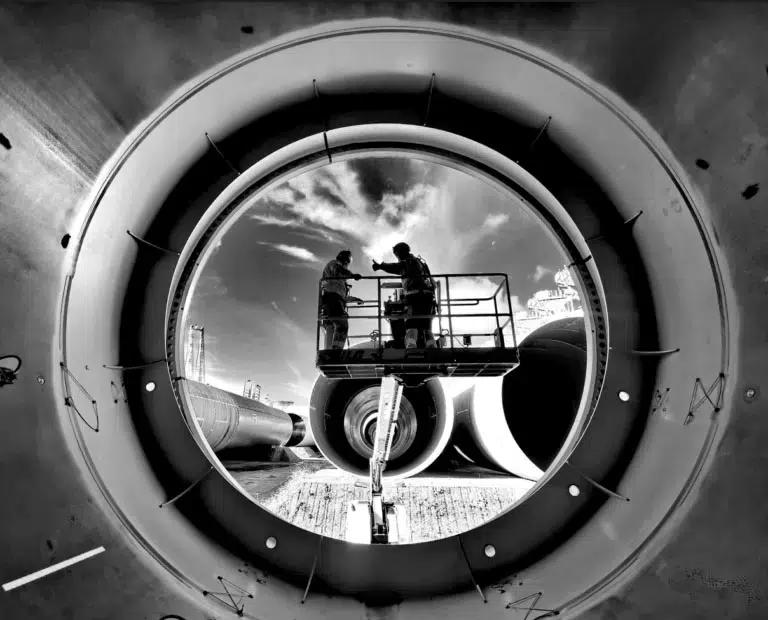 Black and white photo of engineers working inside a monopile